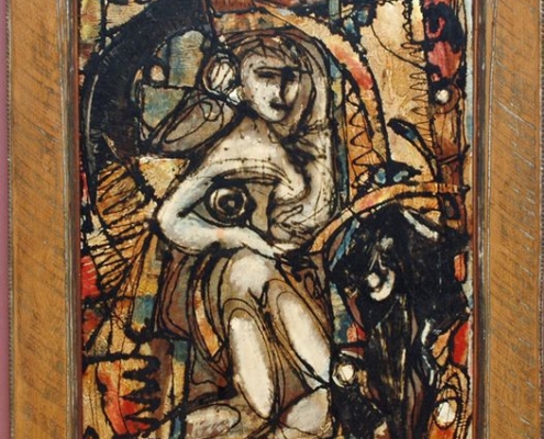 Steffen Thomas, Pamina, ca. 1955, polyester resin, oil, asphalt, and plastic film on wood panel, wood frame carved by artist. 1642 STMA Permanent Collection.