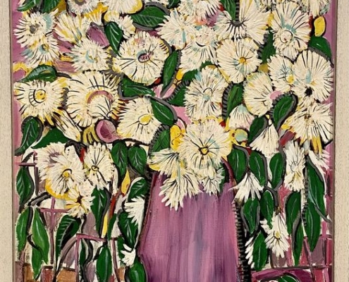 Steffen Thomas, White Chrysanthemums, 1982, acrylic on canvas. 1568 STMA Permanent Collection. Gift of the family of Charlie Bonner, in his memory.